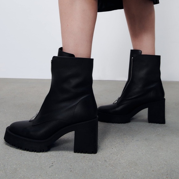 ZARA Zippered Leather Heeled Boots - Picture 5 of 14